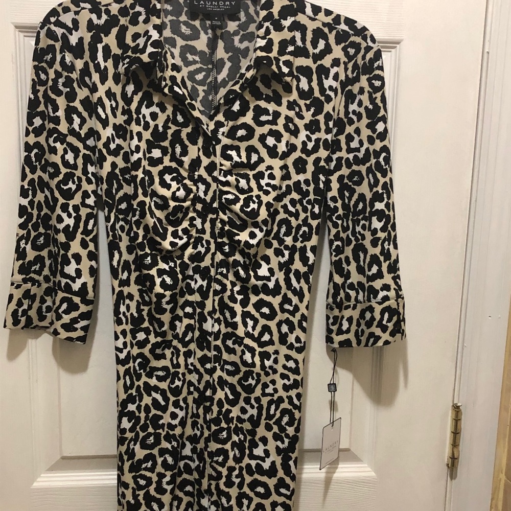 Leopard print black dress with buttons in front .